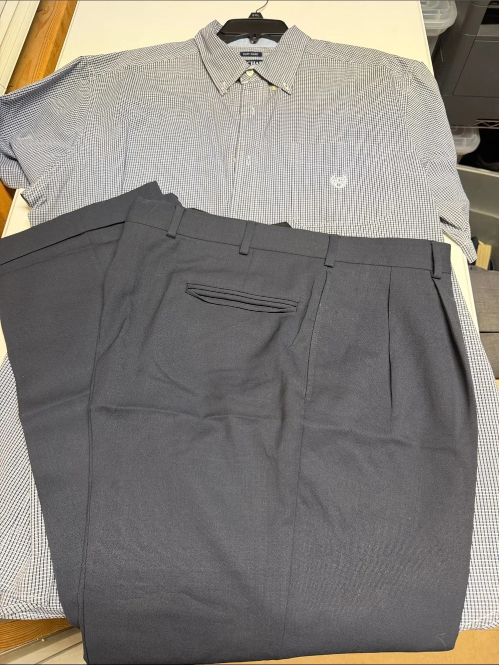 JosA.Bank Navy Dress  sz. 38 Pants with Navy Micro-Check Button-Down 2xL Shirt